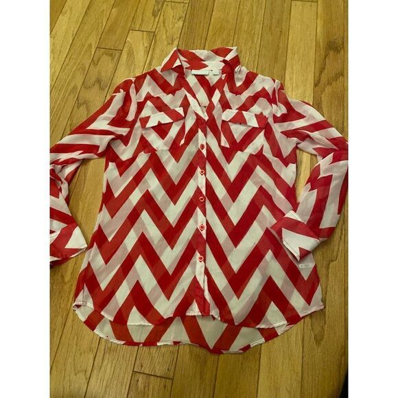 New York & Company, women's white/pink chevron pattern sheer button down size sm - Picture 1 of 7